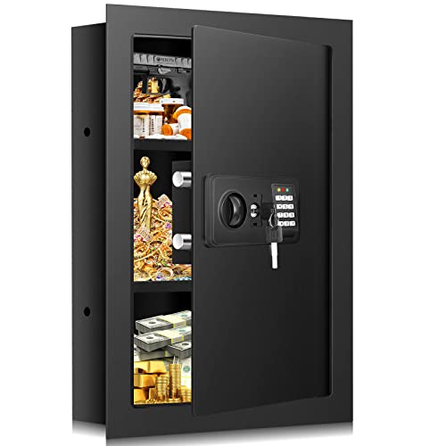 25.6" Wall Safes Between the Studs Fireproof, Combination Lock Hidden Safe with Removable Shelf, Fireproof in Wall Safe with Hidden Bottom Compartment for Important Documents Money Firearms Valuables