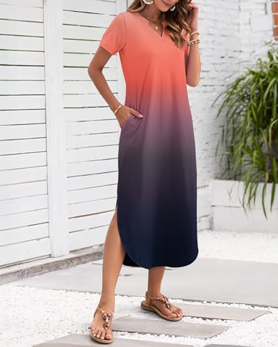 Image of MISFAY Women's Summer Maxi Dress 2026 Casual Short Sleeves V Neck Loose Sundress Split Long Beach T Shirt Dress