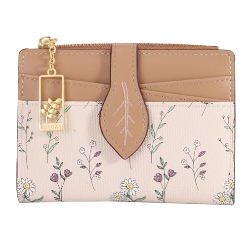 Image of YINHEXI Women's Wallet, Compact and Small Bifold PU Leather Card Holder, Mini Purse with Coin Pocket for Ladies, Girls (Leaf Khaki)