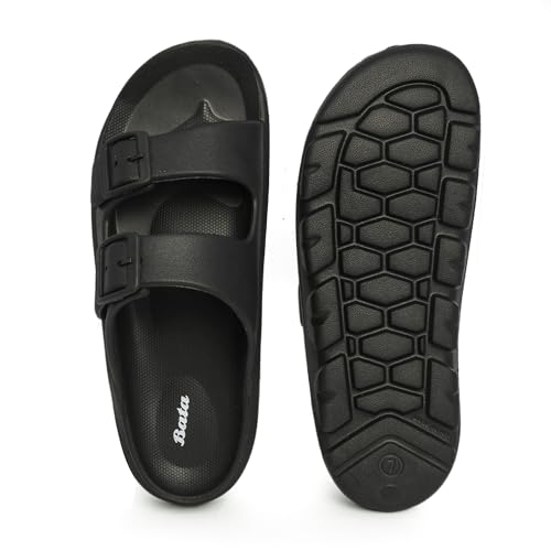 Image of Bata Men Black Comfort Sandals, Double Buckle Strap, EVA Material, Honeycomb Textured Sole, Casual Summer Waterproof Slides