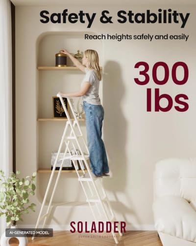 Image of SOLADDER 5 Step Ladder, Folding Step Stool, Lightweight Stepladder, White
