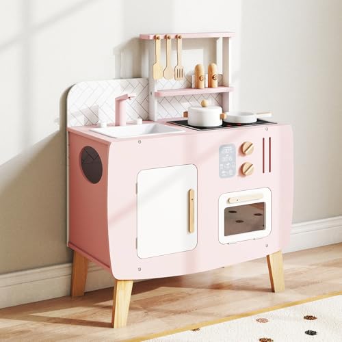 HONEY JOY Pink Kids Kitchen Playset, Wooden Play Kitchen for Toddlers, Stoves, Sink & Oven, Cooking...
