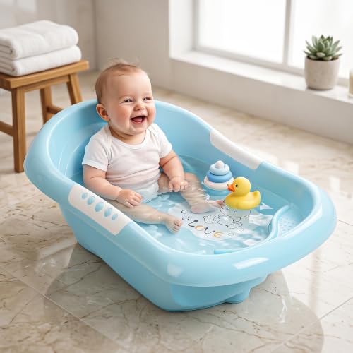 Image of Baybee Lovely Baby Bath Tub for 0 to 5 Years | Ergonomic Bath Tub for Kids with Quick Drain & Storage | Premium Baby Bather with Non Slip Base & Side Grip Bathing Tubs for Boys Girls (Blue)
