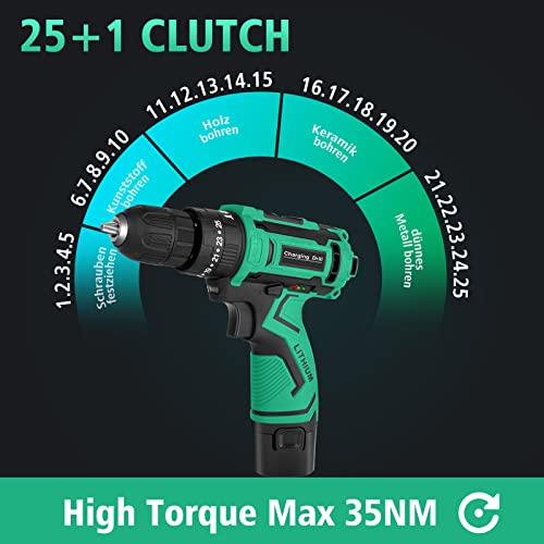 34 Stück Akkuschrauber Set - 12V Akku Bohrschrauber mit 2 Akkus 2000mAh, Akku Bohrmaschine 35Nm Drehmoment, 25+1 Drehmomentstufen, 2-Gang, LED-Licht, Drills Set für Haus Elektriker und Garten DIY – Bild 5