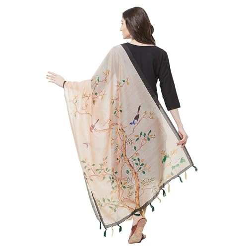Women's Beige Color Floral Bird Print Digital Printed Chanderi Silk Dupatta3