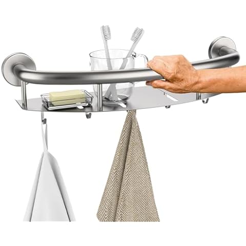 Munzong 18 Inch Shower Grab Bar w/Storage Shelf, Stainless Steel 2 in 1 Bathroom Grab Bar, Wall Mount Balance Bar, Safety Hand Rail Support Handicap Elderly Injury Senior Assist Bath Handle Cover