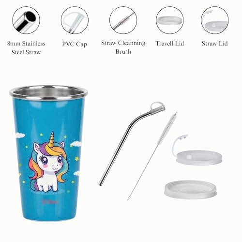 Image of PDDFALCON Stainless Steel Cartoon Print Glass /Tumbler with Steel Straw, Cleaning Brush & Food Grade Cap, 100% Leak Proof. Ideal for Kids. (Unicorn Sky Blue 450ml)