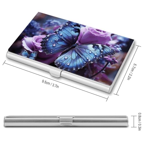 Business Card Holder Purple Rose with Beautiful Butterfly Business Card Case Slim Business Card Organizer with Magnetic Shut Professional Metal Name Card Holder Carry-on Pocket Wallet for Men Women2