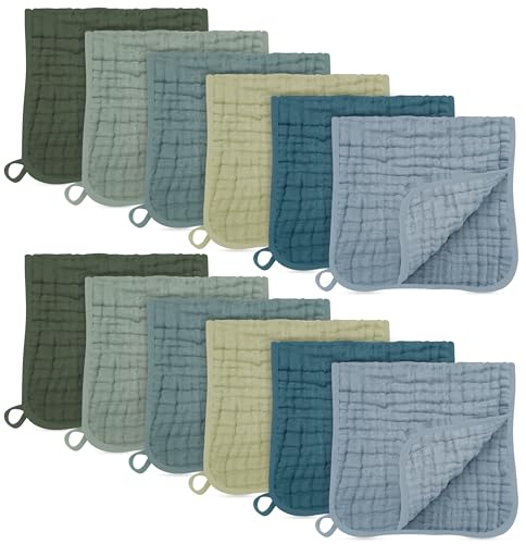 Image of SWEET DOLPHIN 12 Pack Muslin Burp Cloths Large 100% Cotton Burping Clothes for Baby Drool - Absorbent and Soft Boys & Girls Milk Spit Up Rags for Newborn Essentials Registry - Ocean Dip