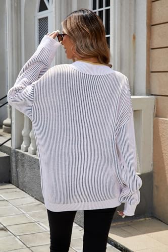 Image of Cakulo Womens Fall 2025 Oversized Striped V Neck Sweaters Long Sleeve Knit Color Block Trendy Pullover Sweater Top