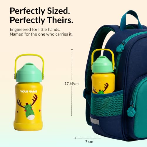 Image of Rabitat Steel Play Personalized Kids Stainless Steel Water Bottle 450ml | 2 Year Warranty | Leakproof Sipper, Soft Silicone Spout, Flip-Lock Cap & Handle, BPA-Free 18 /8 SS, Anti-Skid Base, Coolest Kid