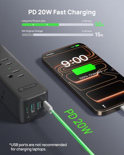 Image of TROND 360 Rotating Flat Plug Power Strip 5ft with USB PD 20W, 9 AC, Black | Flat Extension Cord Surge Protector 1300J, 1625W, Wall Mountable, for Home Office Travel Dorm Room Essentials