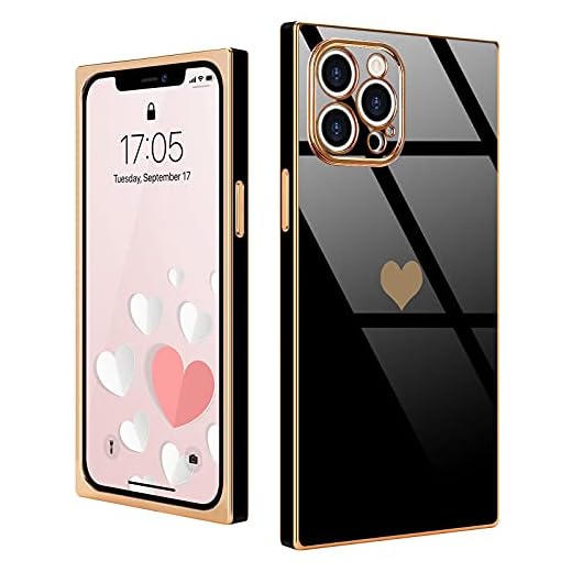 Urarssa Compatible with iPhone 12 Pro Case Cute Plating Gold Love Heart Square Case for Women Girls Shockproof Raised Full Camera Protection Electroplate Bumper Cover for iPhone 12 Pro, Black