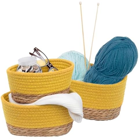 LIVIVO Tulla Seagrass Shelf Storage Baskets - 3-Piece Stackable Set, Decorative Rope Design, Versatile Home Organiser Bin For Living Room, Bedroom, Office, Bathroom, Underbed (SUNFLOWER) Cover