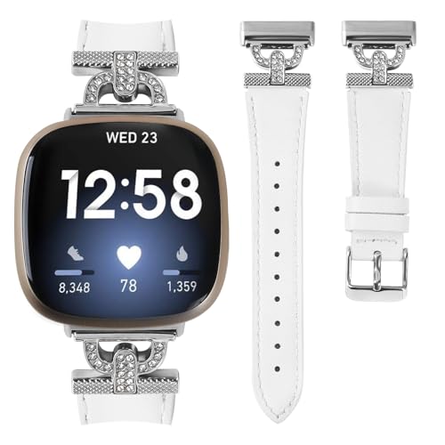 Luxe Leather Bands Compatible With Fitbit Versa 4/Versa 3/Sense 2/Sense Bands For Women D-shaped Bling Metal Buckle Replacement Straps.