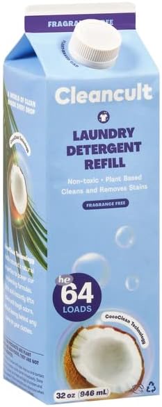 Cleancult Laundry Detergent Refills (32oz, 1 Pack) - Laundry Soap that Defeats Stains & Odors - Free of Harsh Chemicals - Paper Based Eco Refill, Uses 90% Less Plastic - Fragrance Free