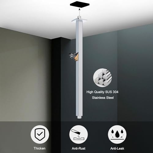 Image of Ceiling Mounted Shower Arm, Rain Shower Square Extension Arm with Flange and Teflon Tape Stainless Steel Ceiling Mount Shower Extender (24 Inch, Chrome)