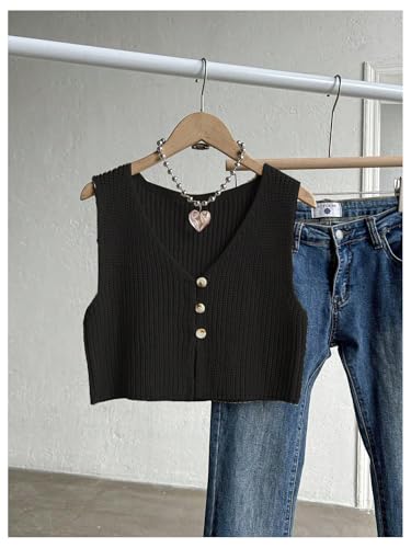 Image of SweatyRocks Women's Button Front Sweater Vest Split V Neck Sleeveless Crop Knit Tops