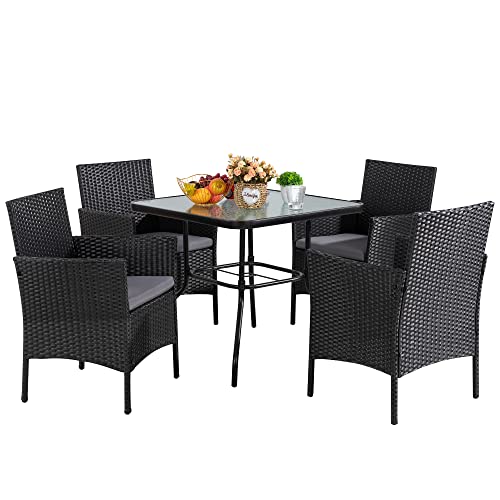 Jamfly 5 Piece Patio Dining Set, Outdoor Indoor Wicker Furniture Conversation Set, Square Tempered Glass Top Table With Umbrella Hole(Grey Cushion) #TOP27