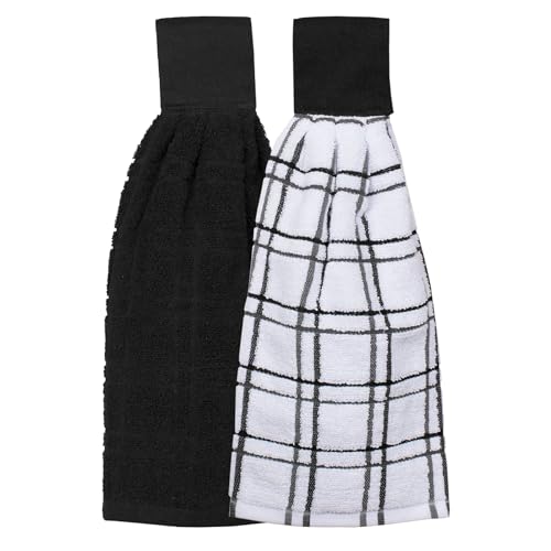 Image of Ritz Premium 100% Cotton Solid and Multi Check Kitchen Tie Towel, Absorbent, Super Soft, and Fast Drying Hang Towel, Set of Two, Black