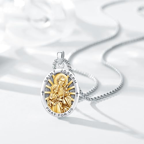 St Joseph Medal Necklace for Men Women San Jose 925 Sterling Silver 18K Gold Plated Patron Saint Joseph Catholic Amulet Pendant Religion Protection Jewelry Father's Day Graduation Gifts4