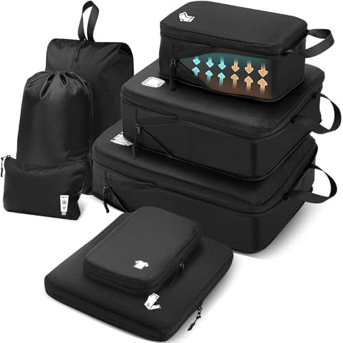 （17:30時点） Samfolk トラベルポーチ 旅行用圧縮袋 旅行用ポーチ 圧縮バッグ セット 圧縮袋 旅行 パッキングポーチ 旅行便利グッズ 衣類仕分け 出張 大容量 防水 小物入れ トラベルセット 下着収納 巾着袋 スペース節約（ブラック，8点）