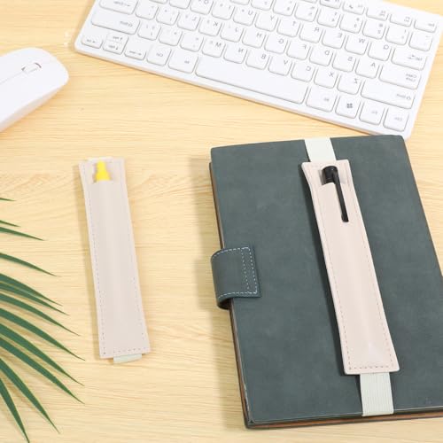 Image of 2 PCS Pen Holder for Notebook, Beige Pen Sleeve Pouch with Elastic Band, PU Leather Pencil Holder Loop for Journal Office Books School