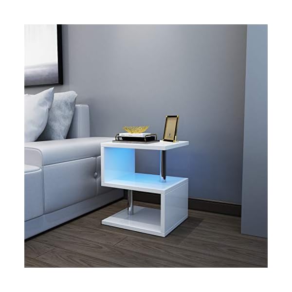 YOLEO Coffee Table Side Table for Living Room Modern White High Gloss End Table with 2 Tier Storage Shelves and Blue LED Light - Image 6