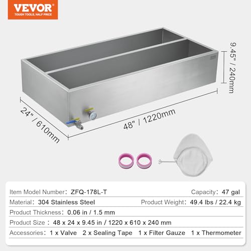 Image of VEVOR Maple Syrup Evaporator Pan, 47 Gal, 48 x 24 x 9.5 Inch Maple Syrup, 304 Stainless Steel Maple Syrup Pan, Evaporator Pan with 1 Valve and 3 Heating Methods, for Home, Outdoor