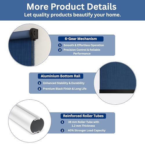 Image of 100% Blackout Premium Roller Blinds for Windows 50 Inch W X 96 Inch L| Textured Linen Fabric | Thermal Insulated Roll-Up Shades | UV Sun Protection for Home & Office | Heavy Duty | Navy
