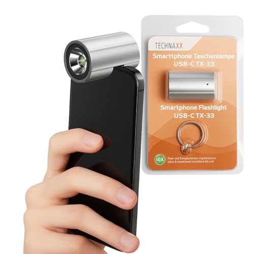 Technaxx Linterna LED USB-C TX-313 – 230 lúmenes súper brillante linterna para smartphone con llavero – Mini luz compacta Plug & Play para smartphones USB-C, emergencia, camping, viajes, al aire libre