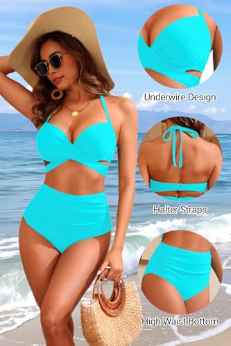 Teal High Waisted Underwire Bikini Sets - Women 2025 Two Piece Swimsuits Halter Bathing Suits with Tummy Control Bottom M