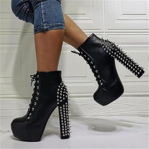 richealnini Front Tie Up Riding Biker Boots for Women with Zipper Studded Rivet Block Heels Platform Ankle Boots4