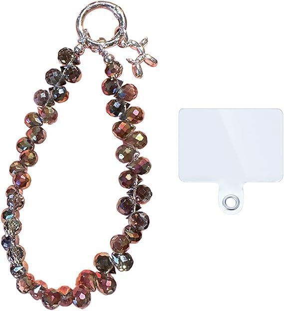 BUGETBUDDY Phone Charm Lanyard, Red Agate Stone with Crystal Beads, 30 cm Mobile Strap, Peach and Grey Tones-image-1