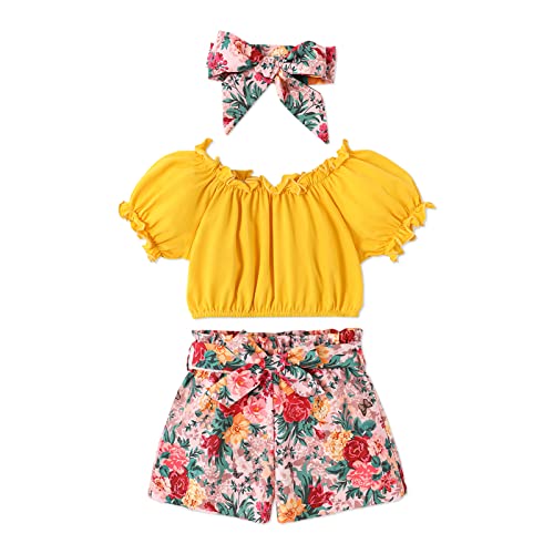 Patpat Toddler Girls Clothing Sets Crop Tops And Floral Shorts With Hair Band Outfits #TOP26