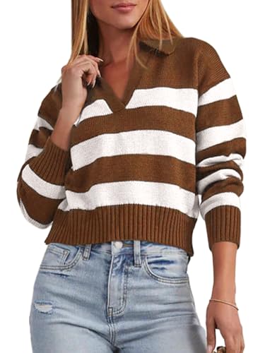 Mutitop Womens Striped Collared Sweater V Neck Long Sleeve Oversize Ribbed Knit Pullover Casual Fall Chunky Sweater