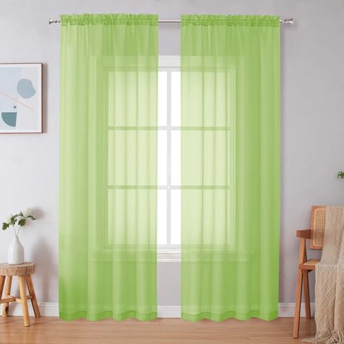 Image of Simplebrand Rod Pocket Top Solid Voile Sheer Curtains for Bedroom, 54 Inch Length Drapes Set of 2, Lightweight and Light Filtering Elegant Lime Curtains Panels Window Treatment, 42Wx54L, Lime