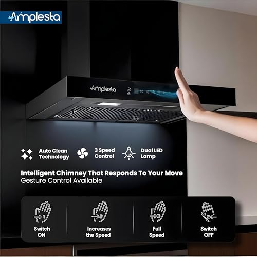 Image of Amplesta Sereno 90CM Chimney for Kitchen Auto Clean 1350 m3 /hr Vertical Wall Mounted Kitchen Chimney for Home Filterless Two Way Suction Touch & Gesture Control (Sereno MS AC FL 90 BK)