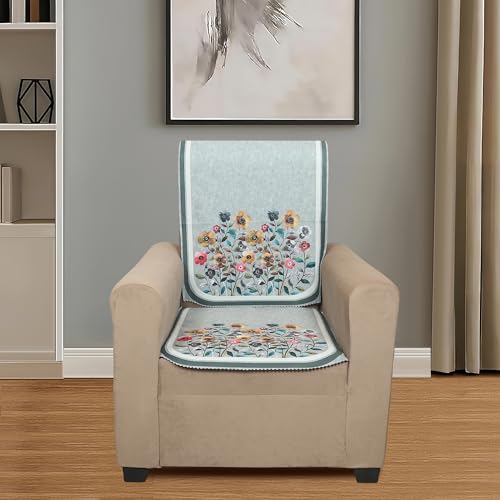 Image of Velvet 3 Seater Sofa Cover with 6 Seat and Back Covers - Floral Design - Washable Fabric - Stylish Sofa Cover for Modern Living Room (Light Green, 3 Seater Without Arm Cover)