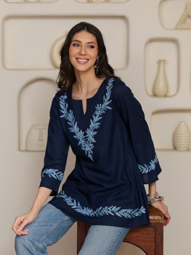 Image of QAZMI Women Kashmiri Aari Embroidered Viscose Rayon A-Line Short Kurti with Bell Sleeves