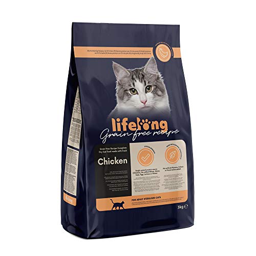 Marque Amazon – Lifelong – Aliment pour chat adultes stérilisés sans céréale, élaboré avec de la viande fraîche de poulet – 3 kg