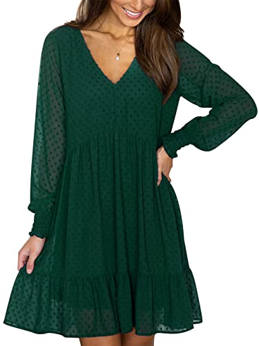 FAMITION Womens Swiss Dot Dress Long Sleeve V Neck Tunic Dresses Casual Flowy Ruffle Swing Chiffon Mini Dresses Green S