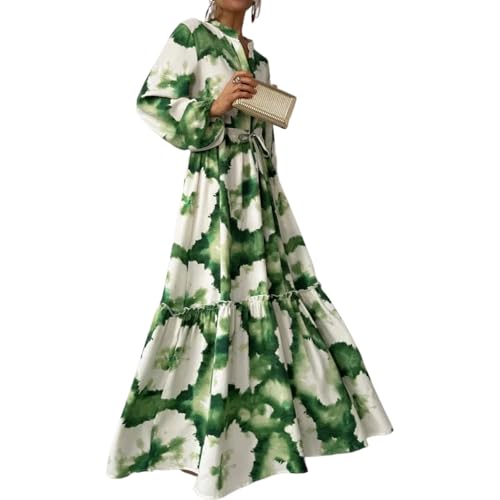 Women's Green Tie Dye Print Long Sleeve V-Neck Maxi Dress