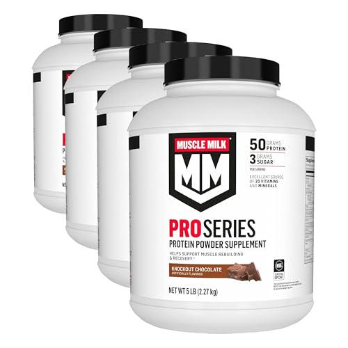 Image of Muscle Milk Pro Series Protein Powder Supplement, Knockout Chocolate, 5 Pound, 28 Servings, 50g Protein, 3g Sugar, 20 Vitamins & Minerals, NSF Certified for Sport, Workout Recovery (Pack of 4)
