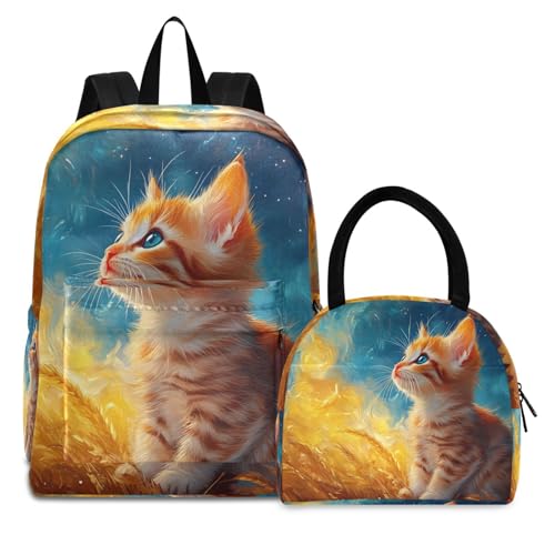 Backpack Lunch Bag Set Fantasy Cute Cat Print, Big Storage Travel Backpacks with Insulated Lunch Box for Office Hiking Picnic