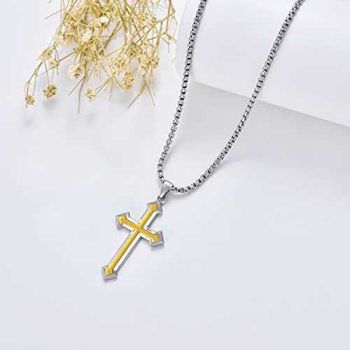 Cekama S925 Sterling Silver Gothic Cross Necklace For Men Christian Pendant With Chain Yellow Silver Layered Plated Punk Rock Jewelry Gifts For Father's Day Mother's Day Birthday Anniversary #TOP2