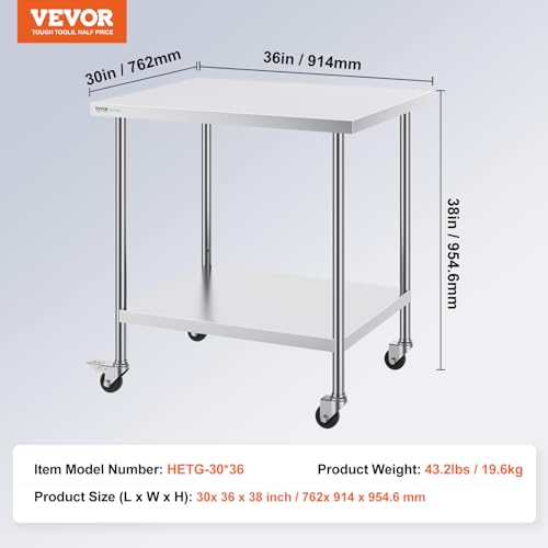 Image of VEVOR Stainless Steel Work Table 30 x 36 x 38 Inch, with 4 Wheels, 3 Adjustable Height Levels, Heavy Duty Food Prep Worktable for Commercial Kitchen Restaurant, Silver