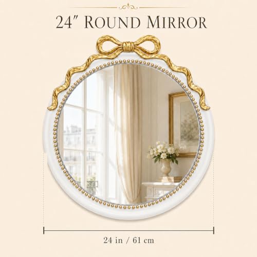Image of LIN KANG 24 Inch Gold and White Bow Mirrors, Round Decorative Wall Mounted Mirror，Suitable for Entryway, Bedroom, Hallway, Living Room Decoration, Nursery, Girls Room