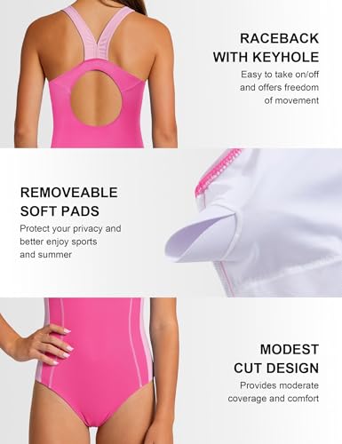 Image of Idgreatim 9-16T Teen Girls One Piece Swimsuit Athletic Bathing Suit | UPF 50+ quick dry fabric racerback design removable pads chlorine resistant for swimming training competition pool beach