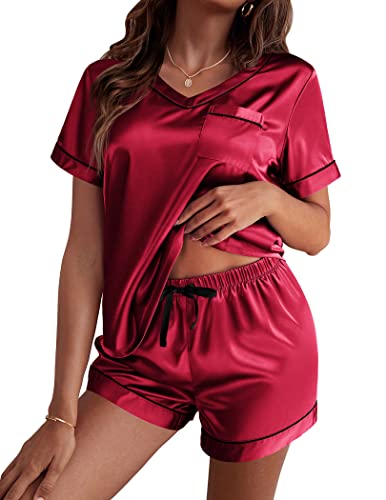 Image of Ekouaer Silk Pajama for Women Short Sleeve Satin Pj Set Two Piece Soft Sleepwear Loungewear S-XXL